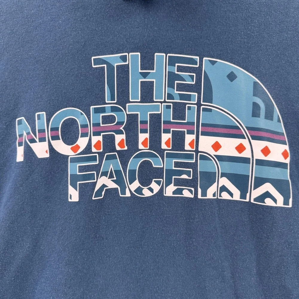 The‎ North Face Hoodie Mens Large Blue Aztec Logo Pullover Fleece Sweatshirt